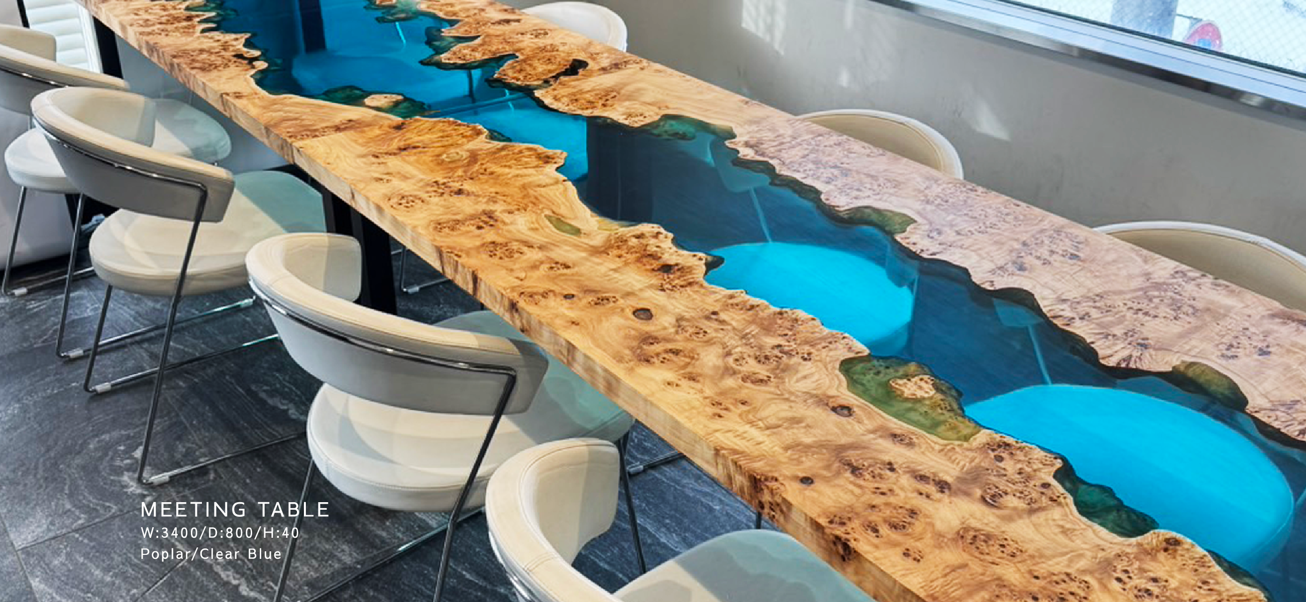 MEETING TABLE　W:3400/D:800/H:40　Poplar/Clear Blue